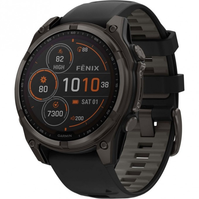 Смарт-часы GARMIN FENIX 8 – 47 мм, Solar Sapphire, титан с DLC-покрытием Carbon Gray и силиконовым ремешком черного/серого цвета 010-02906-11